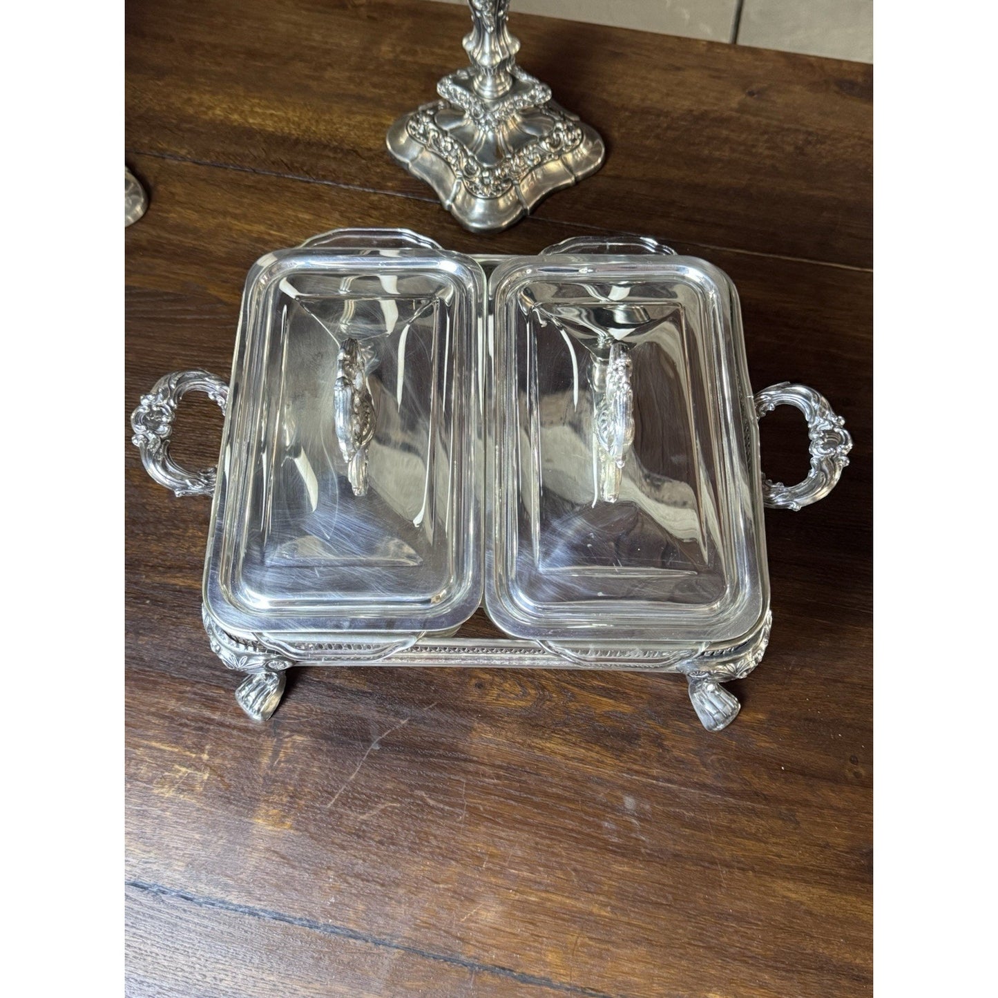 Silverplate Double Chafing Dish Warmer with Two Fire-King 1 Qt Covered Dishes