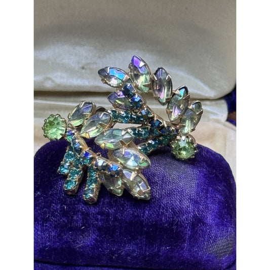 Vintage Earrings Aurora Borealis Blue Green Rhinestone Clip On Goldtone