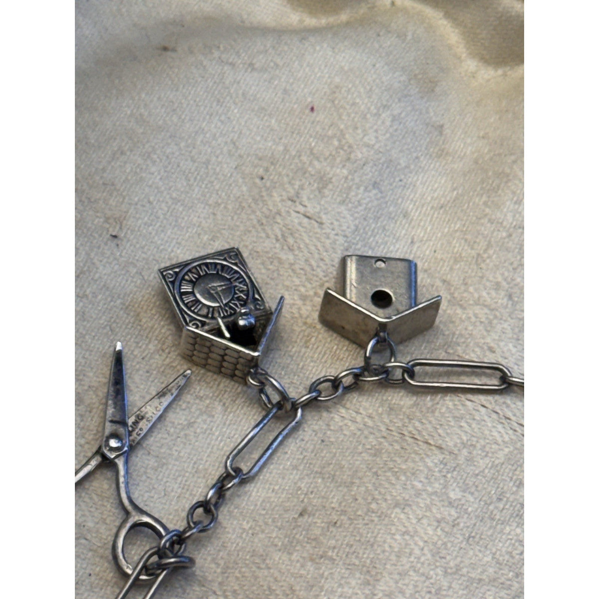 Sterling Silver Charm Bracelet 8 Charms Articulated Scissors & Cannon 6.75
