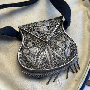 Silvertone Chatelaine Coin Purse Cannetille Filigree Floral Velvet Ribbon