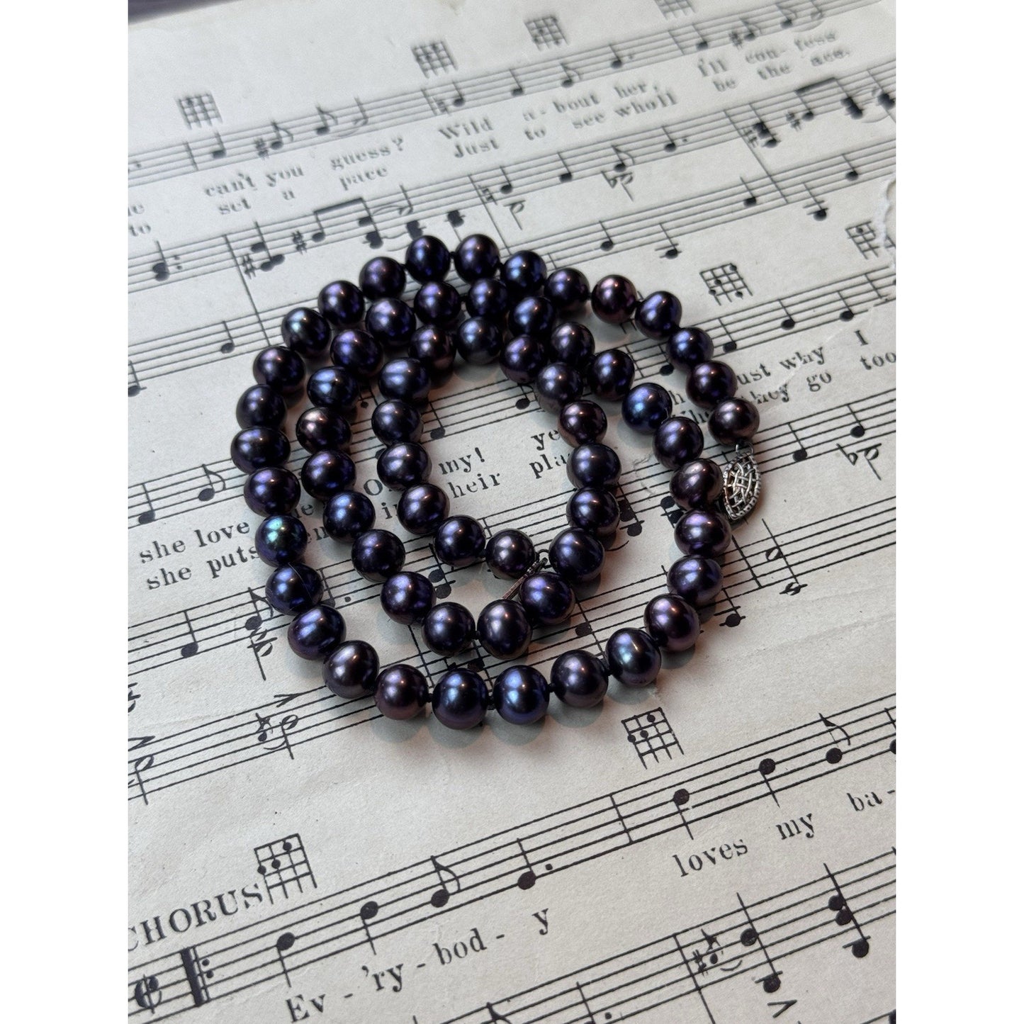 Purple Cultured Pearl Necklace Sterling Silver Clasp 20” 7mm Vintage Jewelry