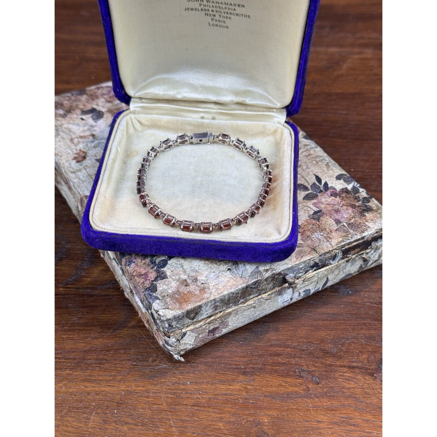 925 Sterling Silver Red Stone Tennis Bracelet Oval Stones 7”
