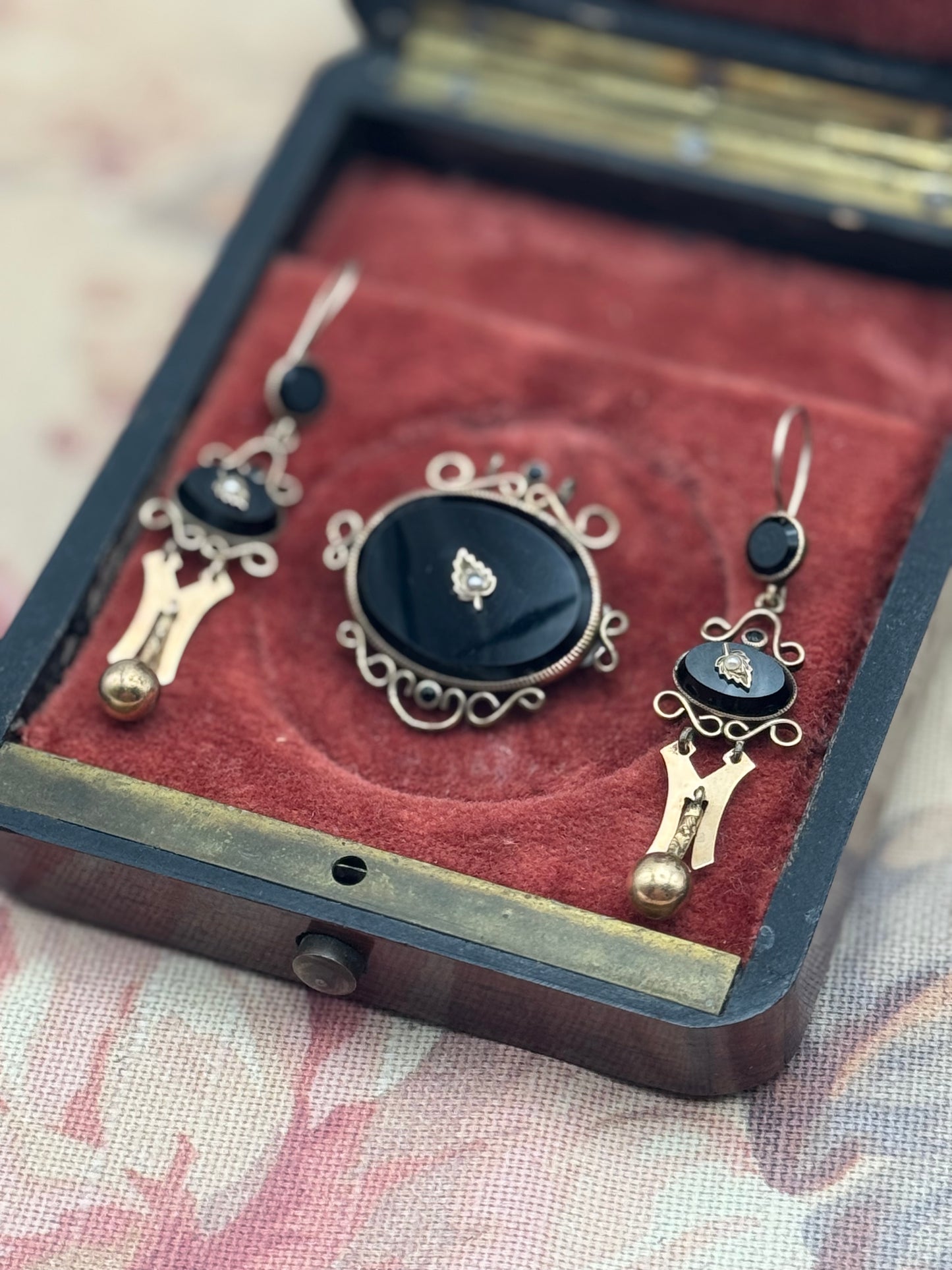 Victorian Gold-Filled Onyx & Seed Pearl Brooch & Earrings Set - Mourning