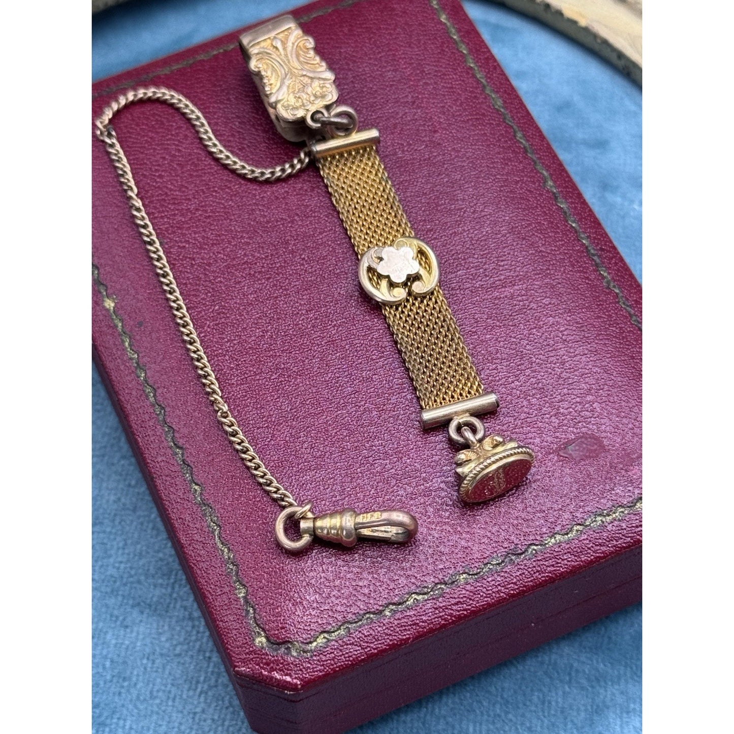 Gold-Filled Watch Fob Strap Monogram Mesh Chain Dog Clip 5.5” HFB Vintage