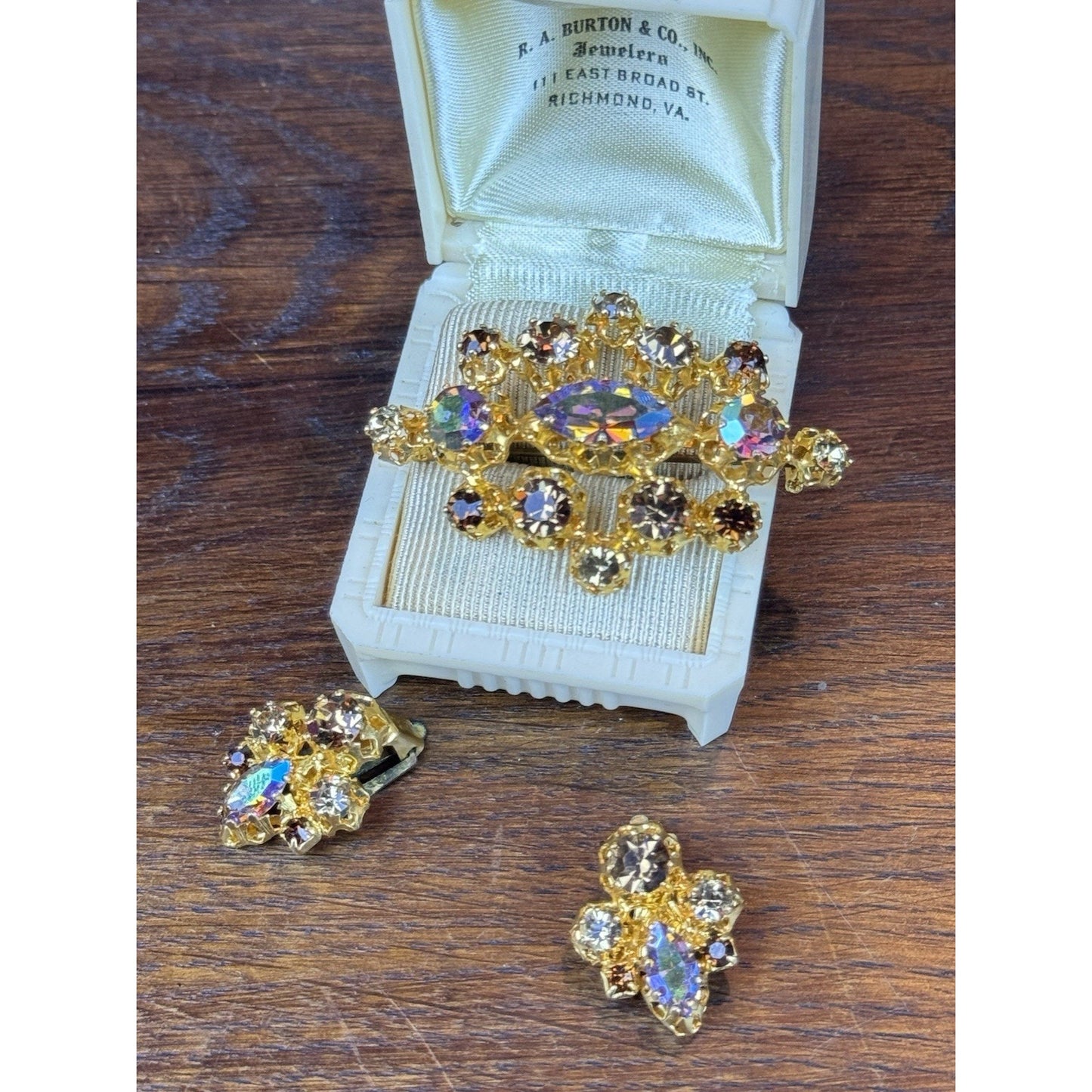 Vintage STAR Austria Brooch Earrings Set AB Rhinestone Goldtone 2” Demi Parure