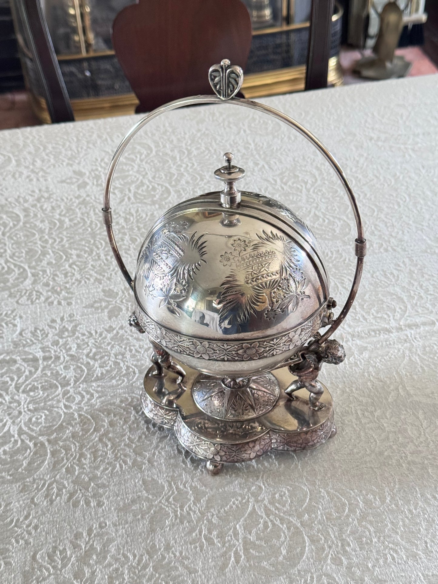 Antique Silverplate Putti Cherub Mechanical Butter Dish Victorian American Gilded Age c. 1880–1900