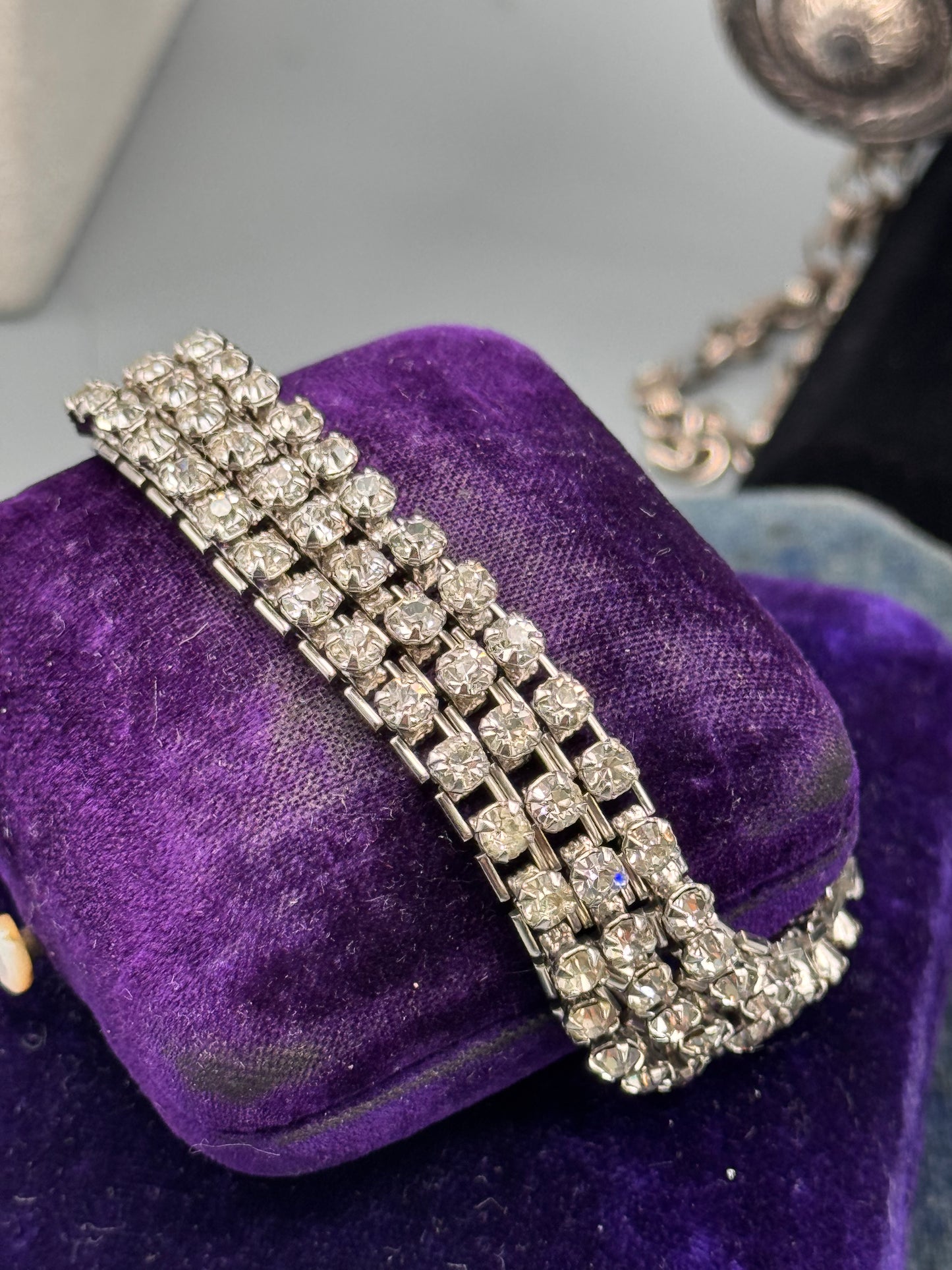 Vintage Articulated Rhinestone Bracelet 3 Row Clear Tennis 6.25”
