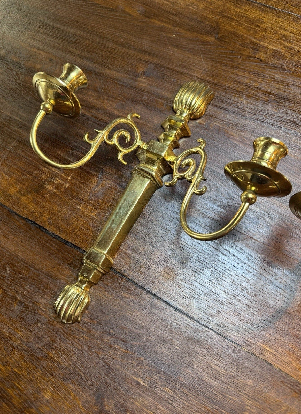 Pair Vintage Brass Wall Candle Sconces India Lacquered 2 Arm 15”