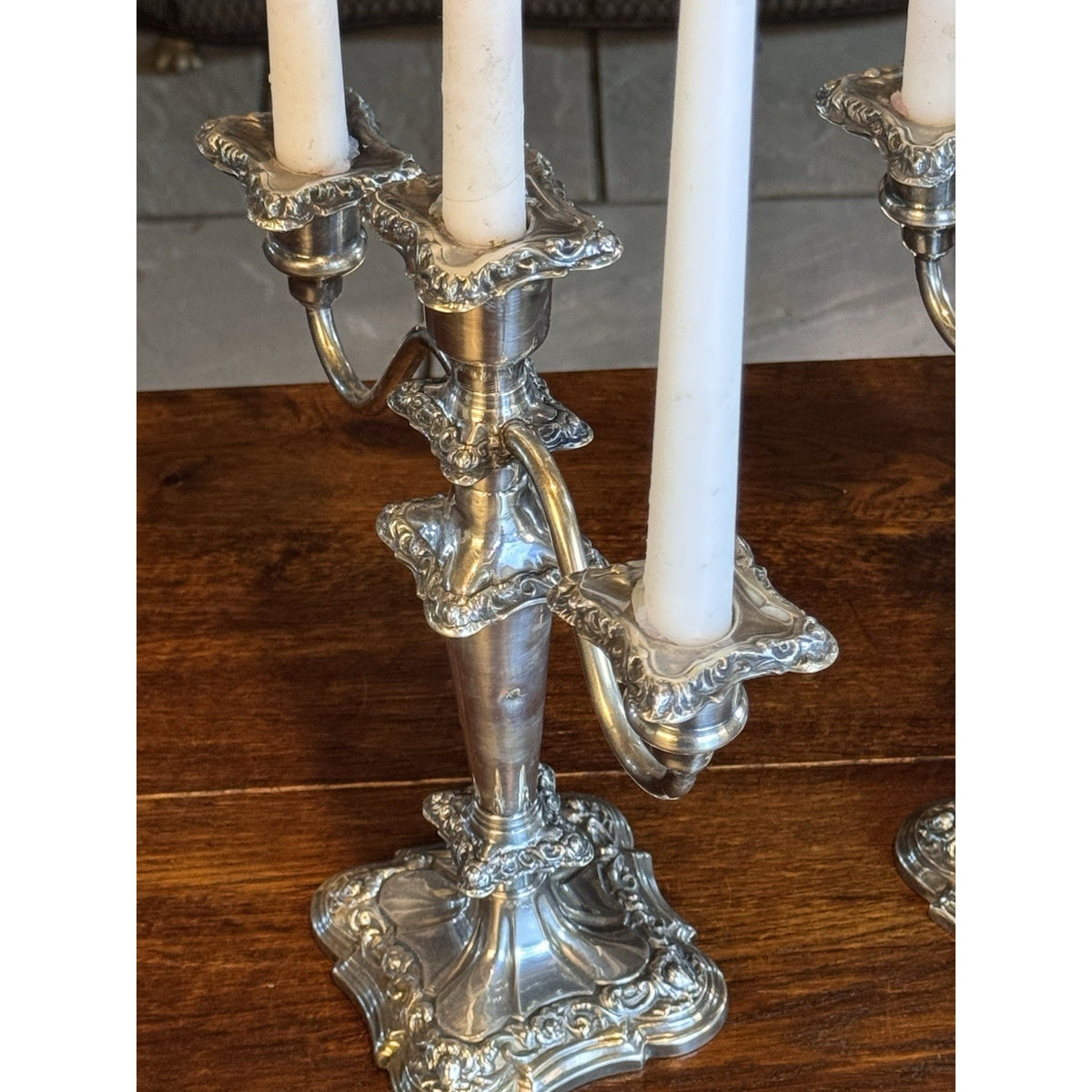Silverplate Candelabra Pair Antique Repoussé 3-Light Ornate 12”h DENTS