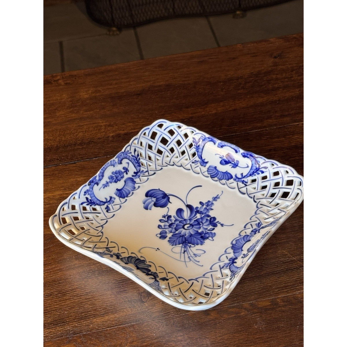 Royal Copenhagen Porcelain Reticulated Blue White Square Bowl 9.25” VINTAGE