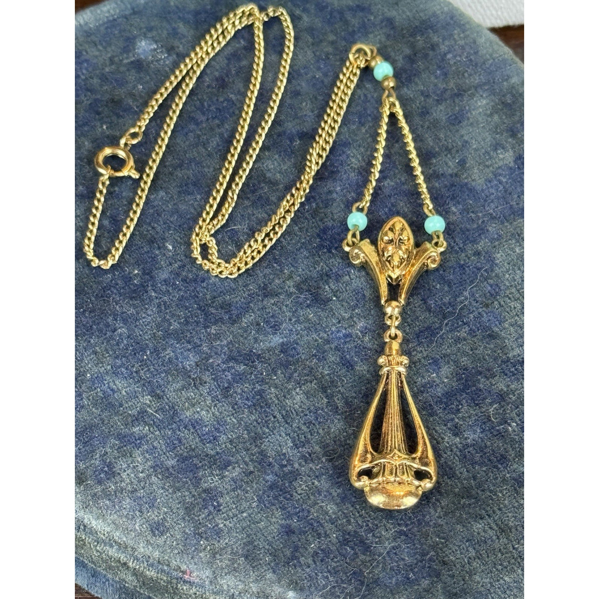 Vintage ART Lavalier Necklace Goldtone Turquoise Blue Beads 16” Signed Pendant