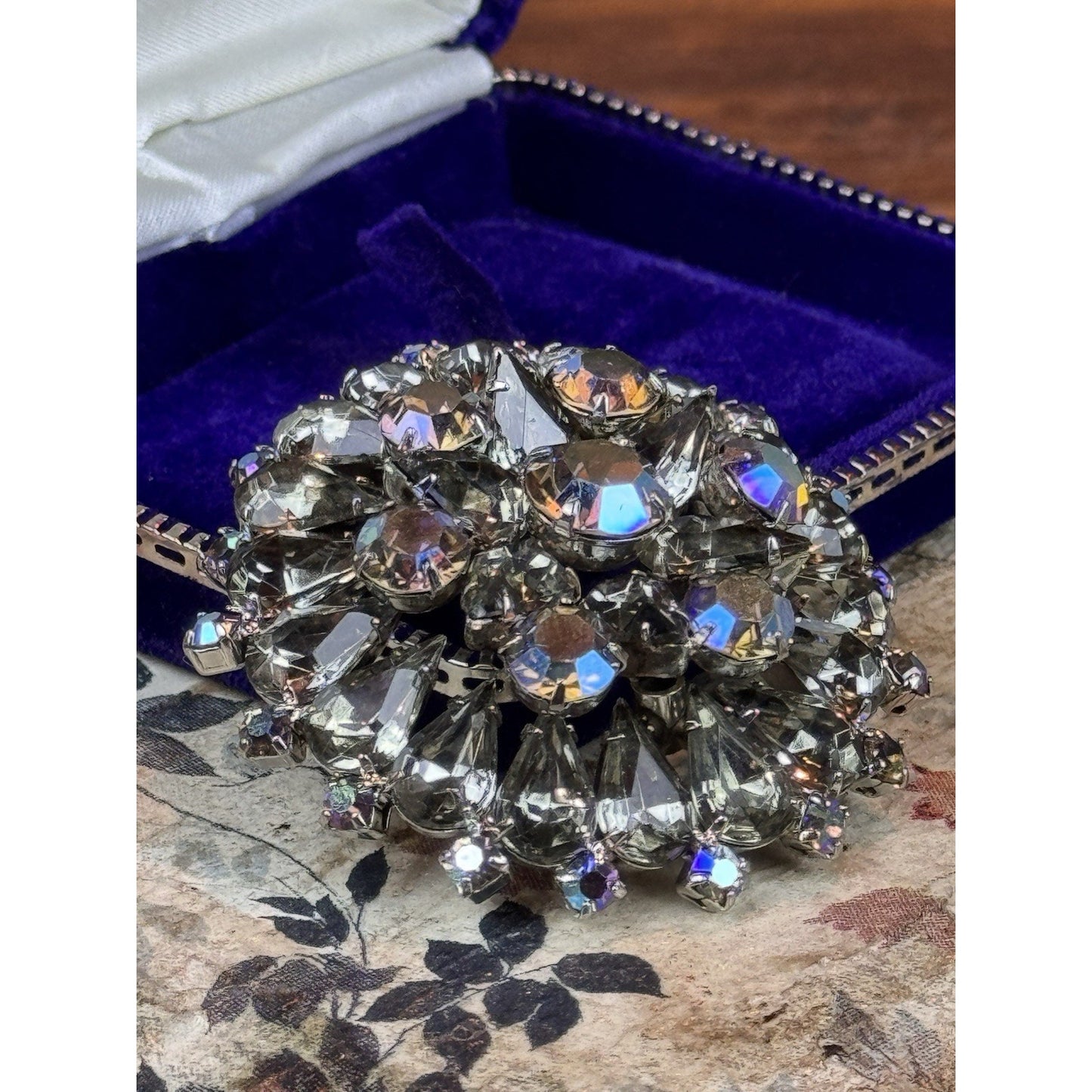 Vintage Smoky Gray AB Rhinestone Statement Brooch 2” Layered Floral Cluster