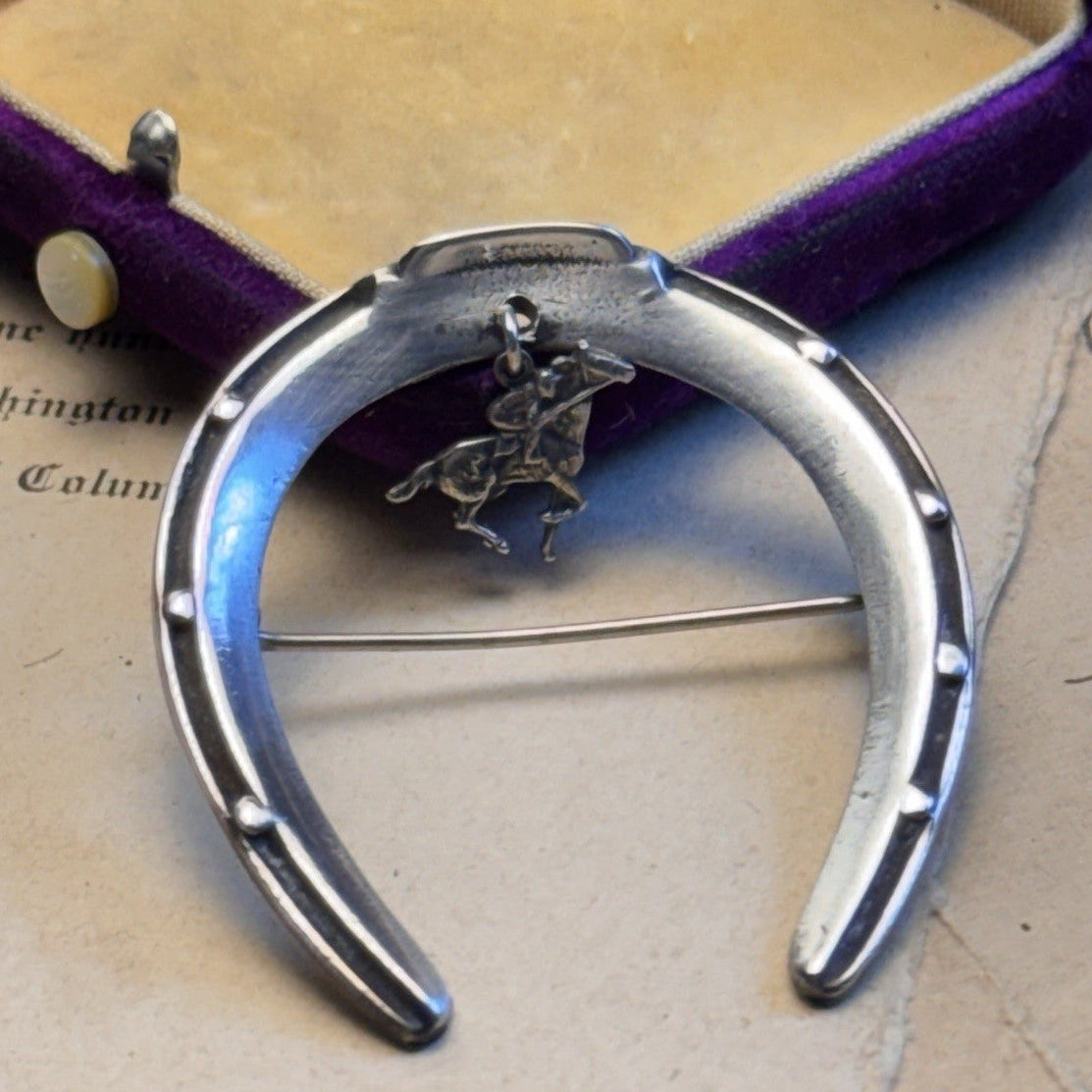 Sterling Brooch Horseshoe Horse Jockey Dangle Equestrian Racing Vintage 2”