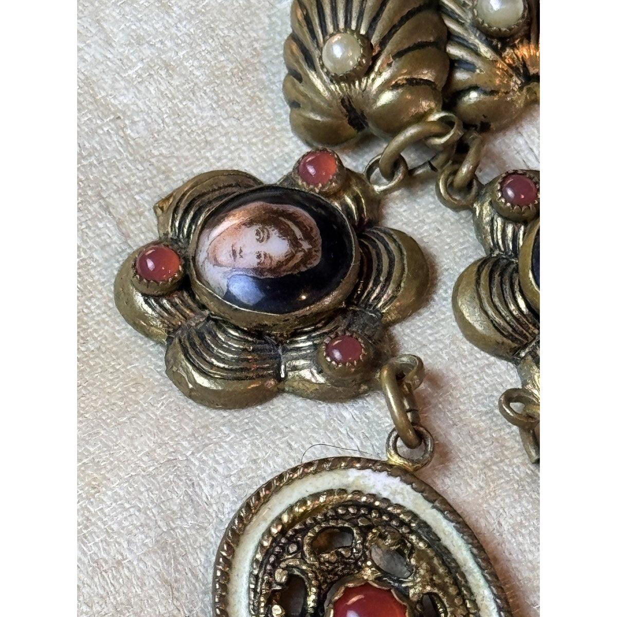 Victorian Revival Brass Necklace Portrait Links Coral Orange Glass Beads 16”
