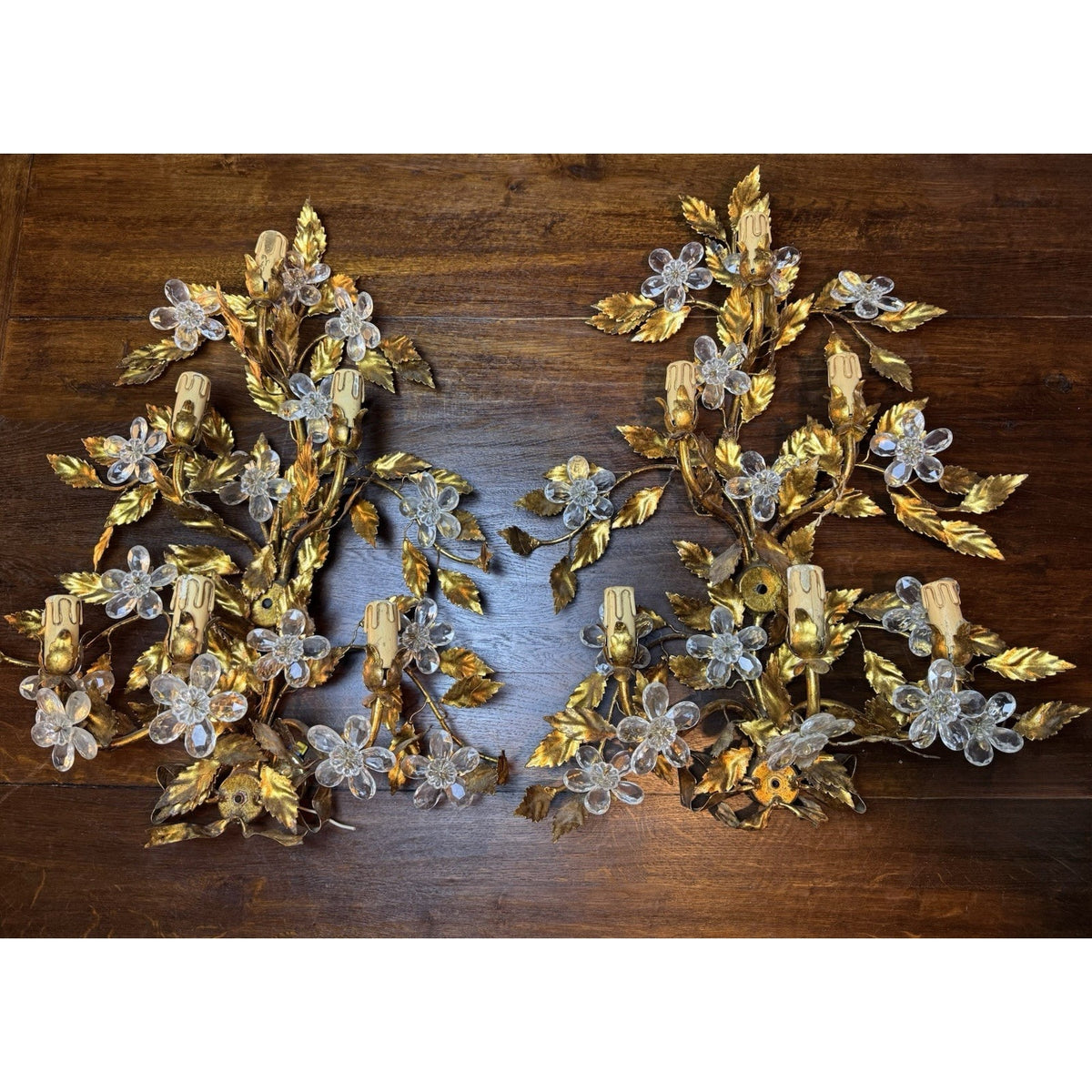 Maison Bagues Style Gilt Tole Wall Sconces Pair 6 Light Crystal Flowers Bow 27”