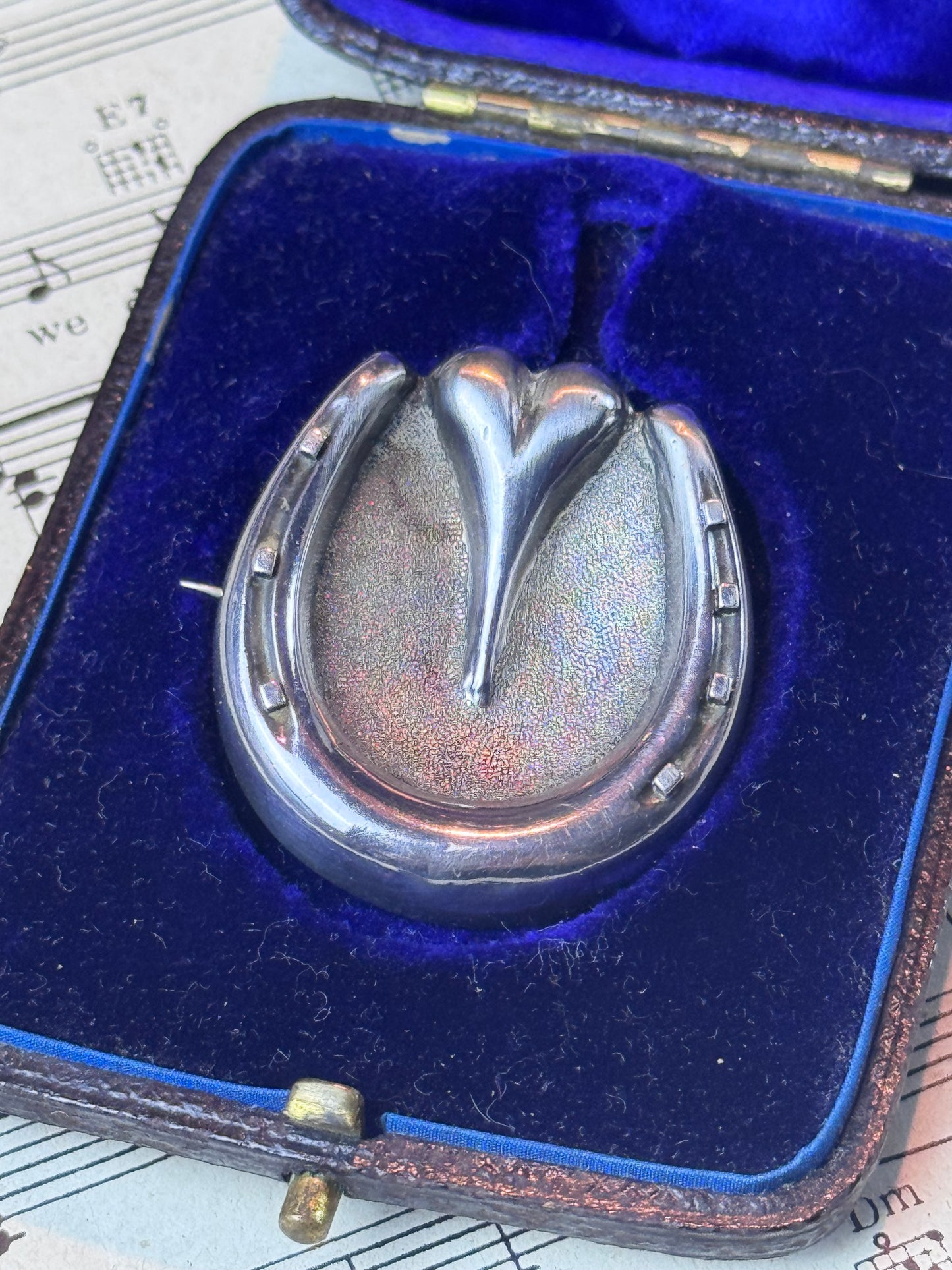 Antique Victorian Horseshoe Heart Brooch Unmarked Tested Silver 1.25” Lucky Pin