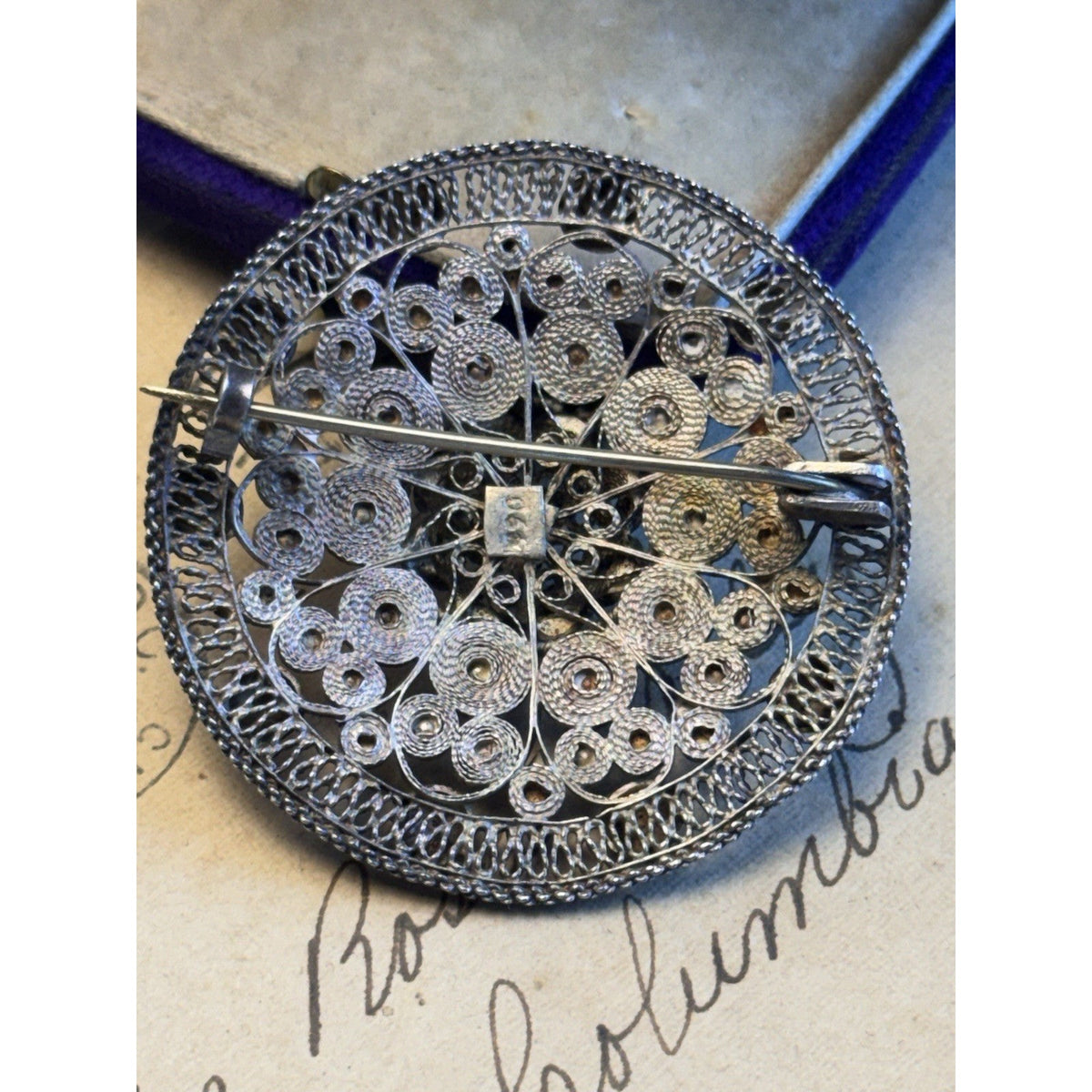 990 Silver Cannetille Filigree Brooch Antique Style Round Statement Pin 1.75"
