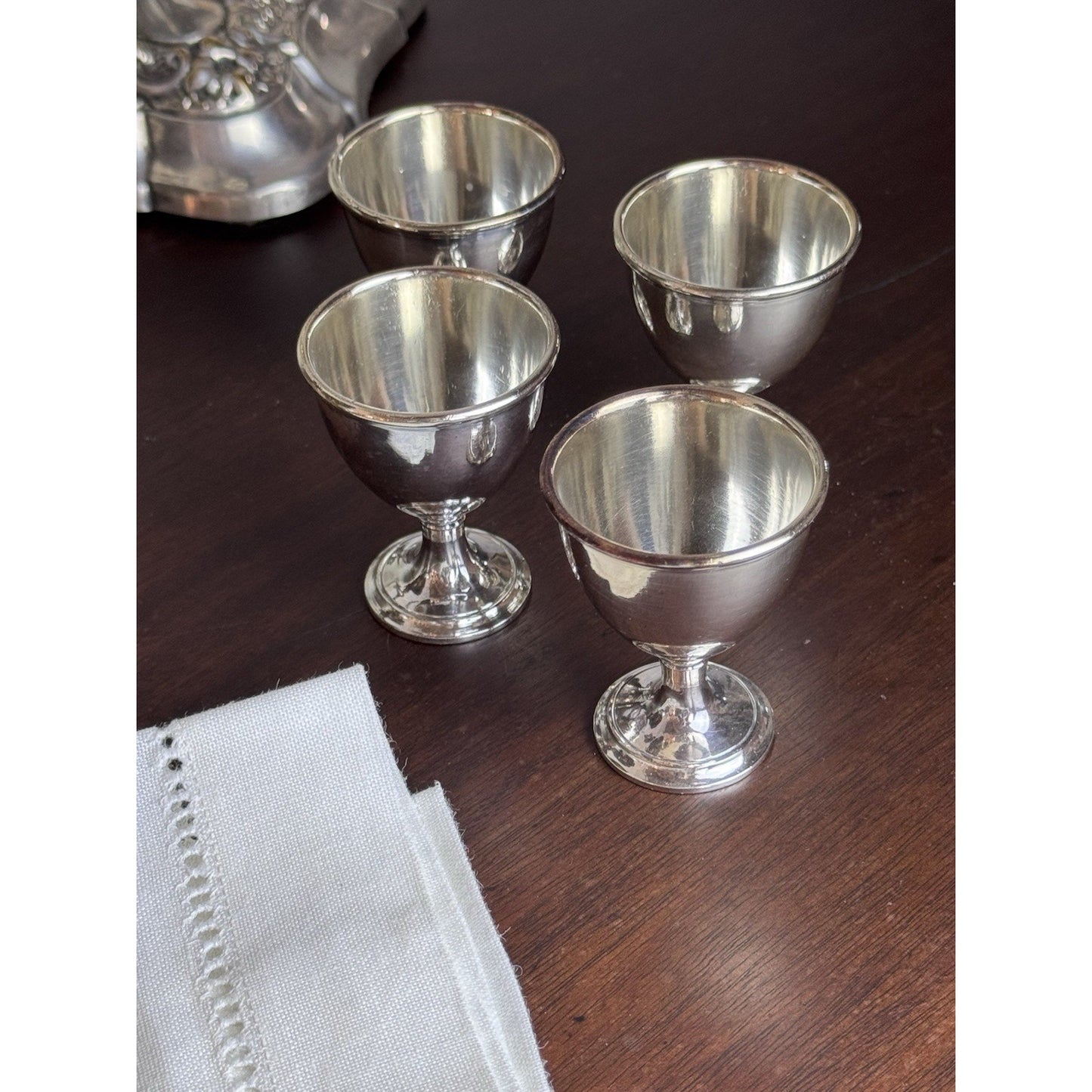 Silverplate Egg Cruet Set 4 Cups Spoons Caddy F Brothers Ltd English Antique
