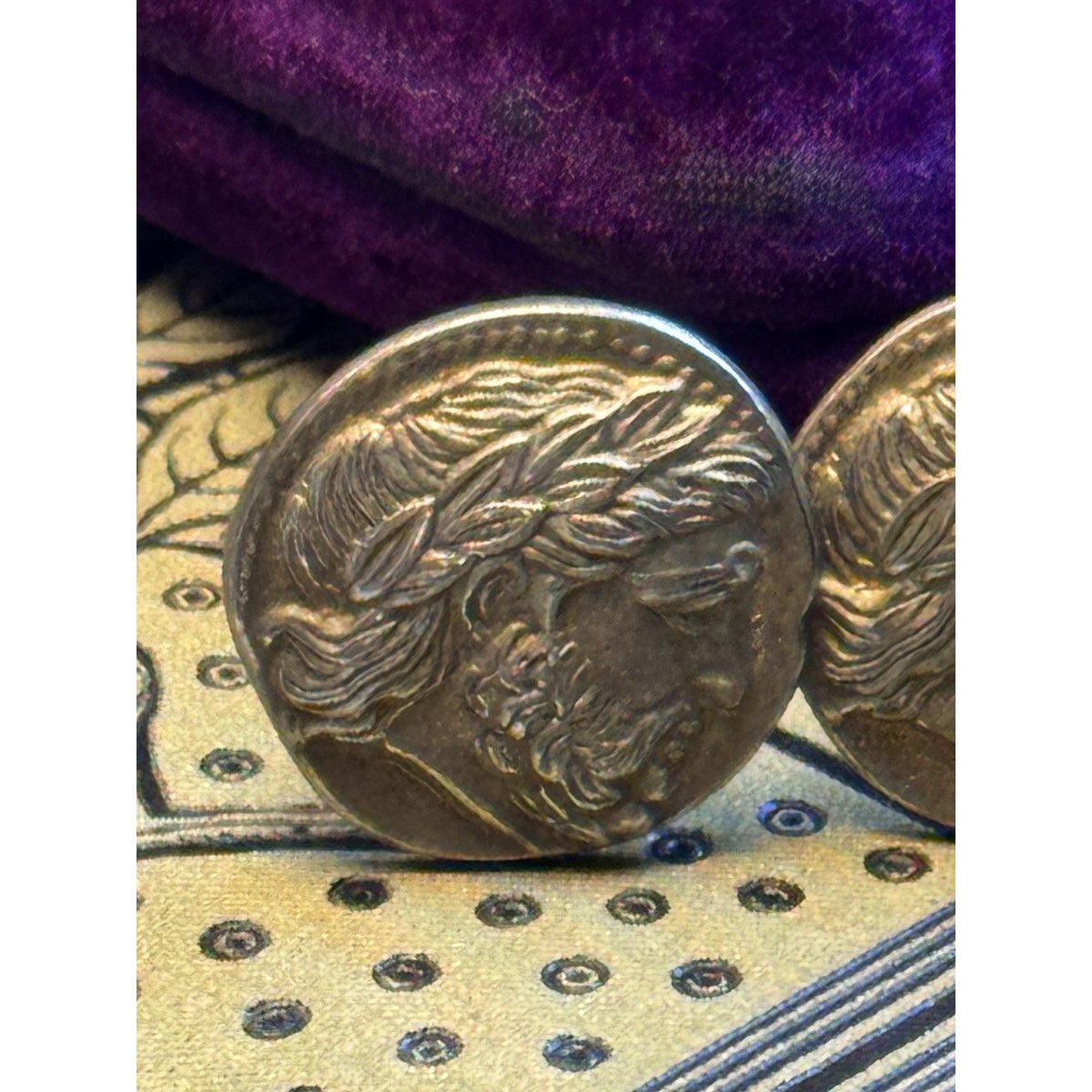 800 Silver Cufflinks Zeus Coin Gold Wash Greek Mythology Round Vintage .87” Pair