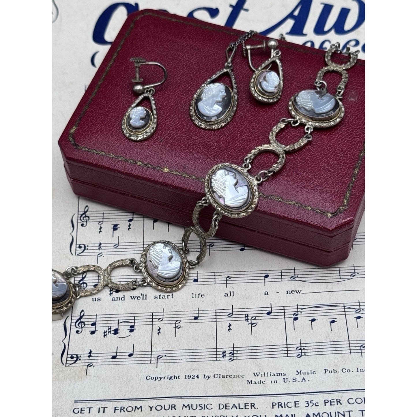 VINTAGE Cameo Parure 800 Silver Abalone MOP Bracelet Earrings Necklace
