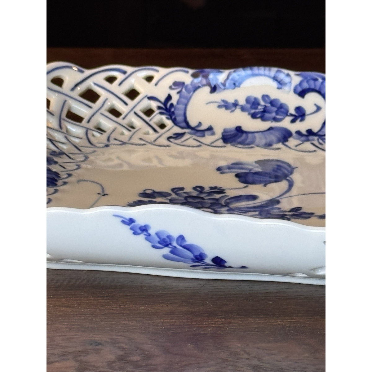 Royal Copenhagen Porcelain Reticulated Blue White Square Bowl 9.25” VINTAGE