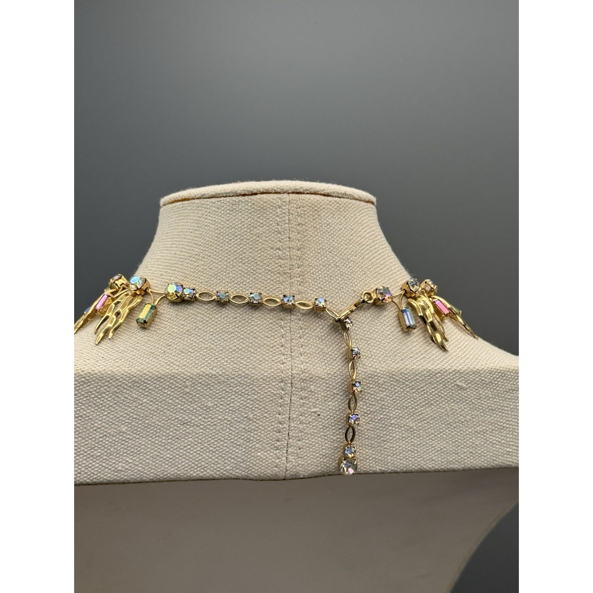 Mid Century Rhinestone Necklace Earrings Set Multicolor AB Goldtone 16”