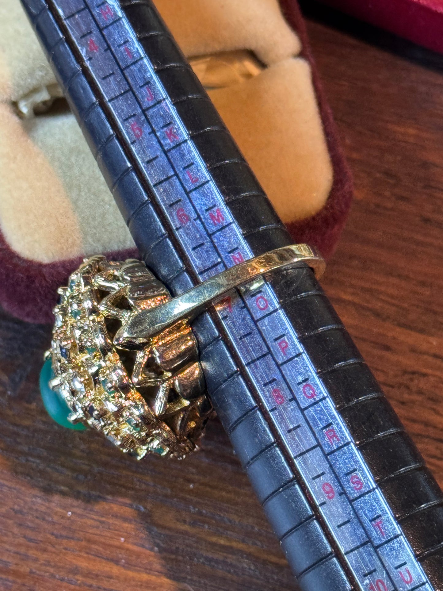 Vintage Sterling Gold Plated Princess Ring Green Jade Tone Cabochon Rhinestones Sz 6.75