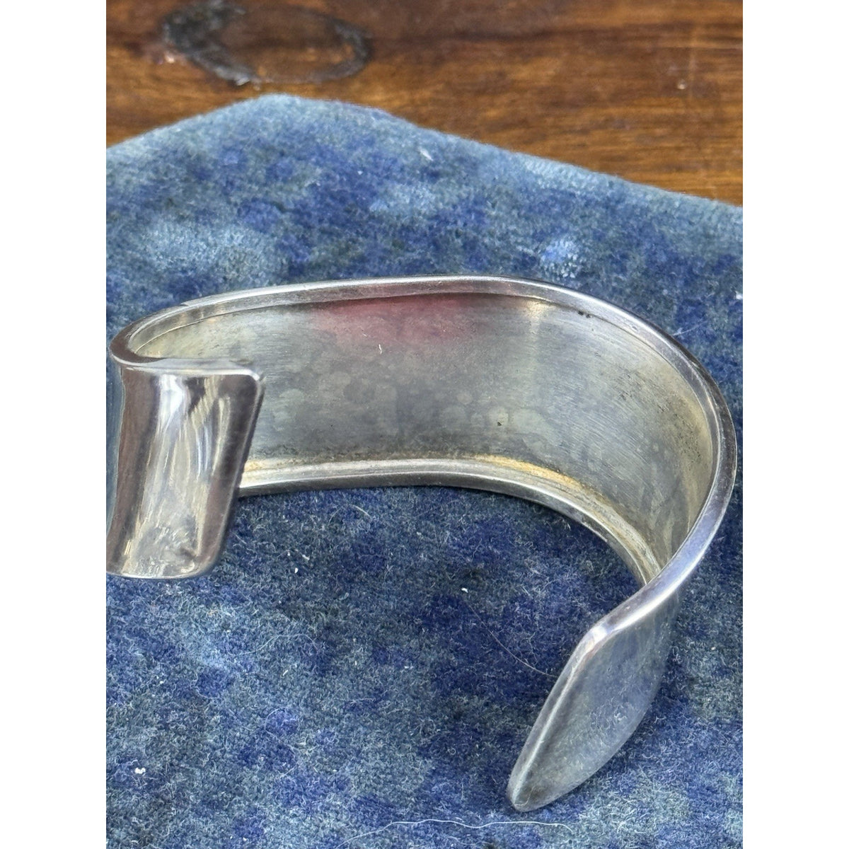 Sterling Silver Cuff Bracelet Blue Stone Wide Modernist Style 6.75” Wrist Size