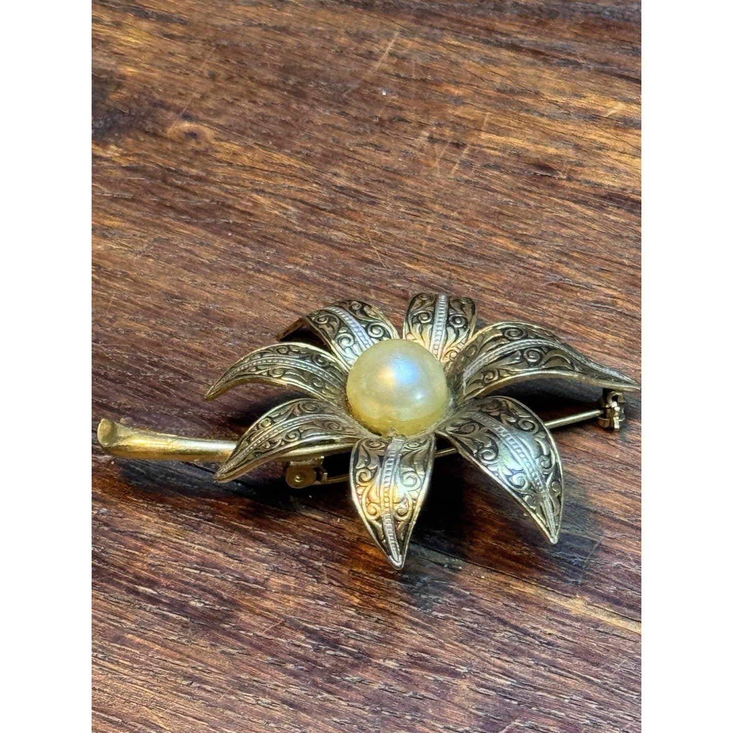 Spain Damascene Flower Brooch Goldtone Faux Pearl Vintage Toledo Style