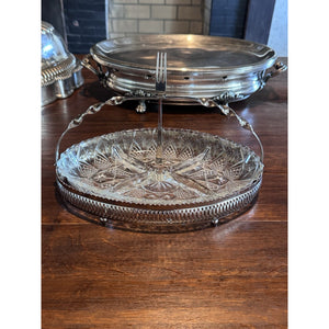 Vintage Silverplate Relish Tray Cut Glass Divided Dish Pickle Castor w Forks
