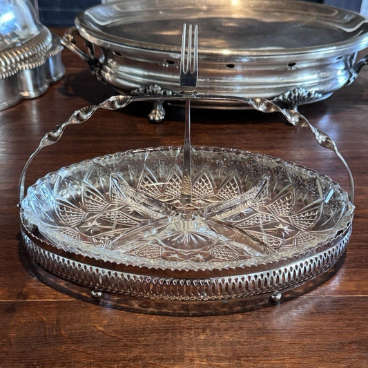 Vintage Silverplate Relish Tray Cut Glass Divided Dish Pickle Castor w Forks