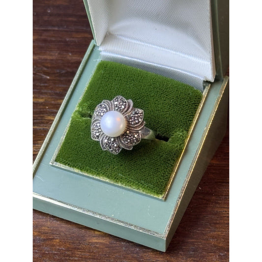 Vintage Sterling Silver Pearl Marcasite Flower Ring Size 8 Estate Jewelry