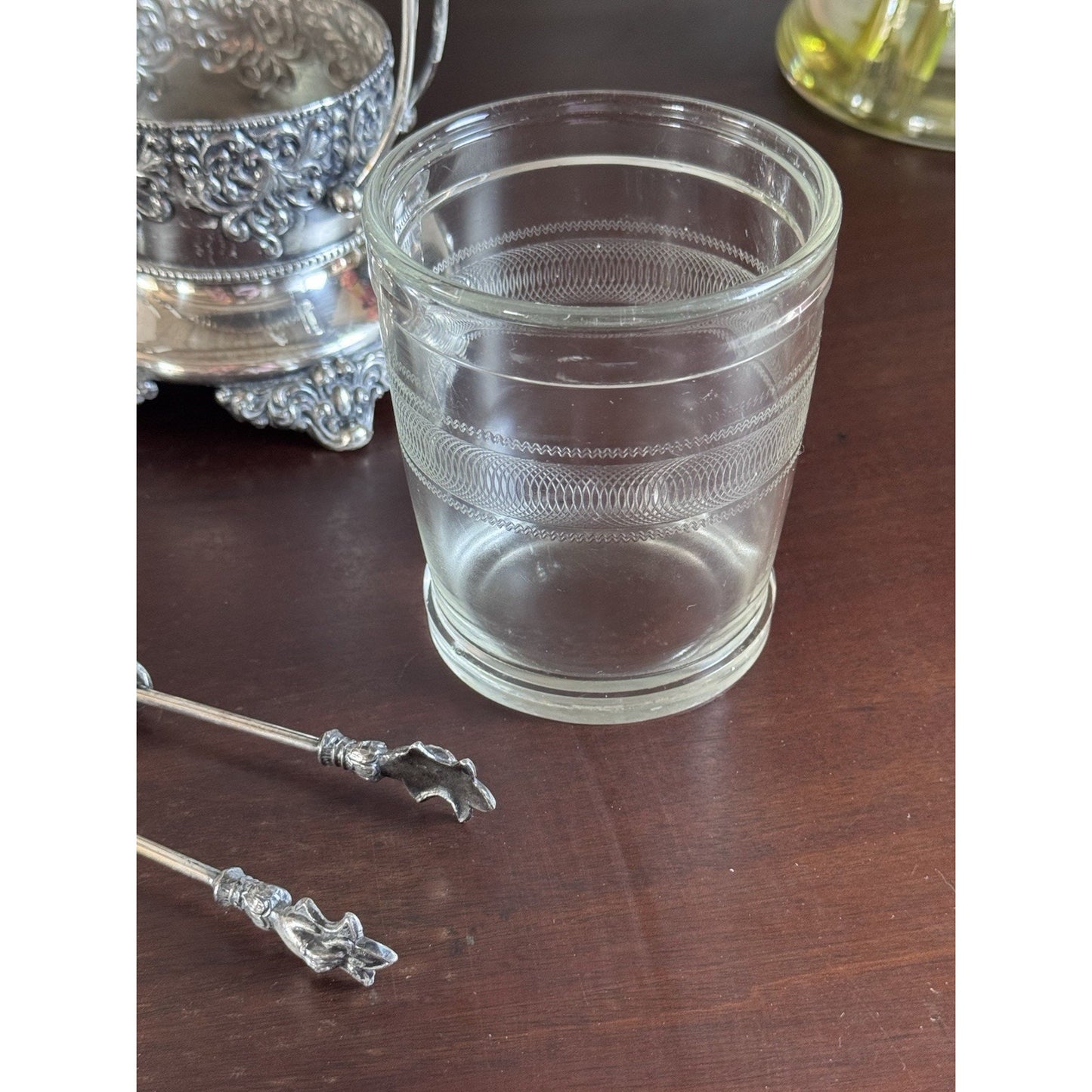 Antique Pickle Castor Forbes Silver Co Quadruple Plate Glass Jar & Tongs