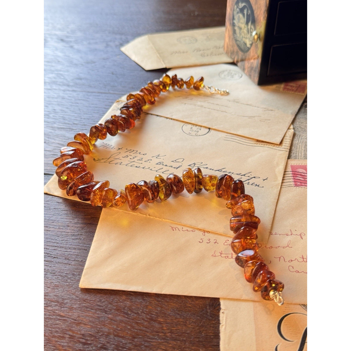 Vintage AMBER Necklace Chunky Graduated Nugget Beads Silvertone Clasp 16”