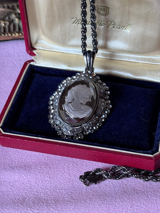 Gothic Victorian STYLE Cameo Pendant Necklace Black Glass Intaglio Style Rhinestone 26” Chain