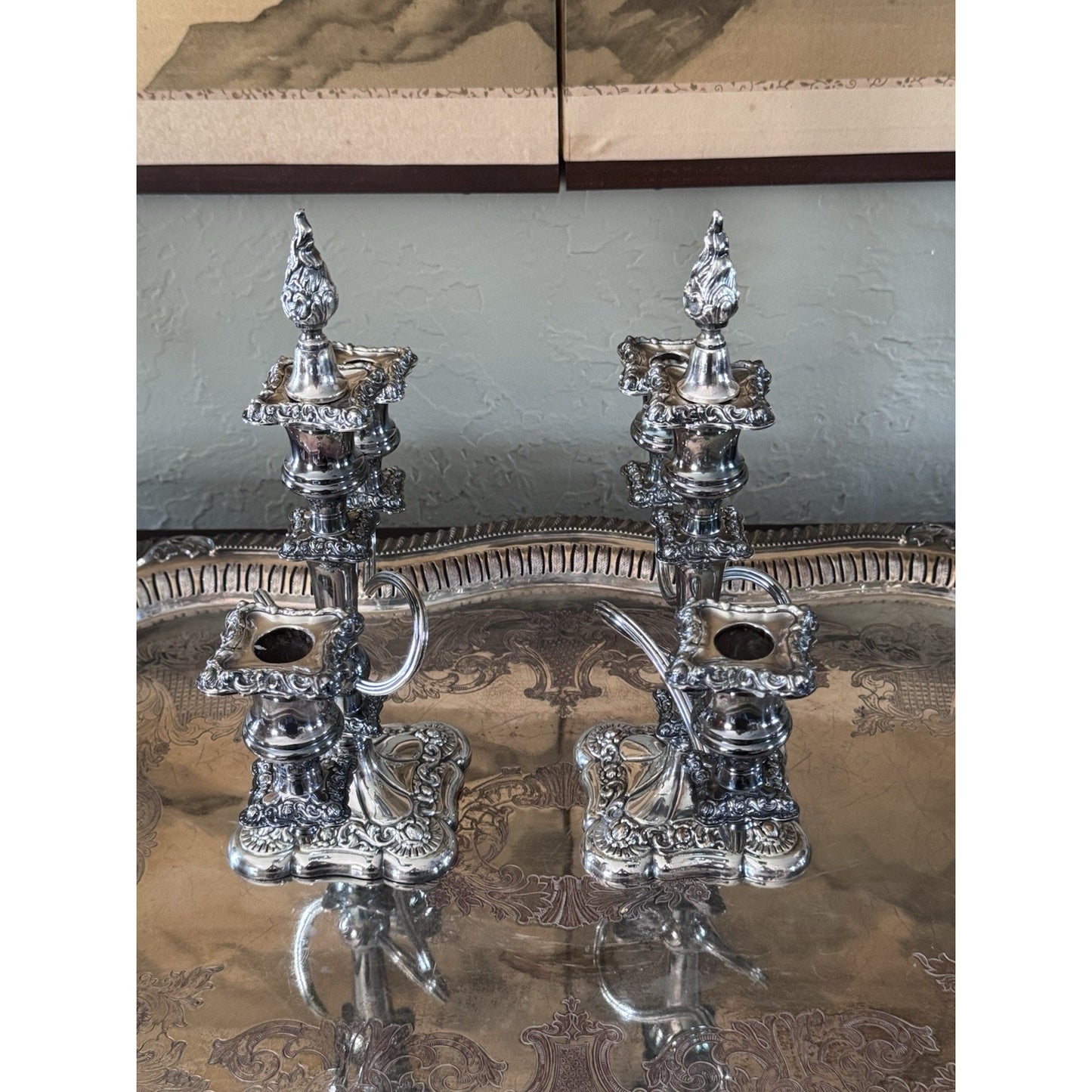 Antique Style Repousse Candelabra Pair Silverplate 3 Light W Snuffers 11”