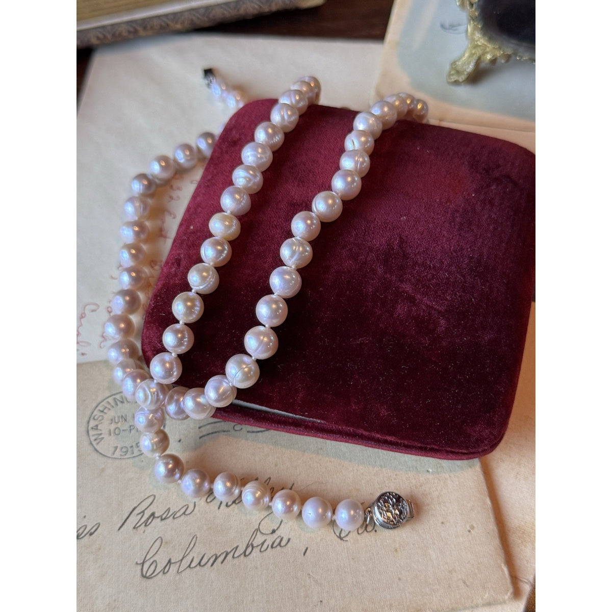 Pink Cultured Pearl Necklace 7mm Knotted Filigree Clasp 24”