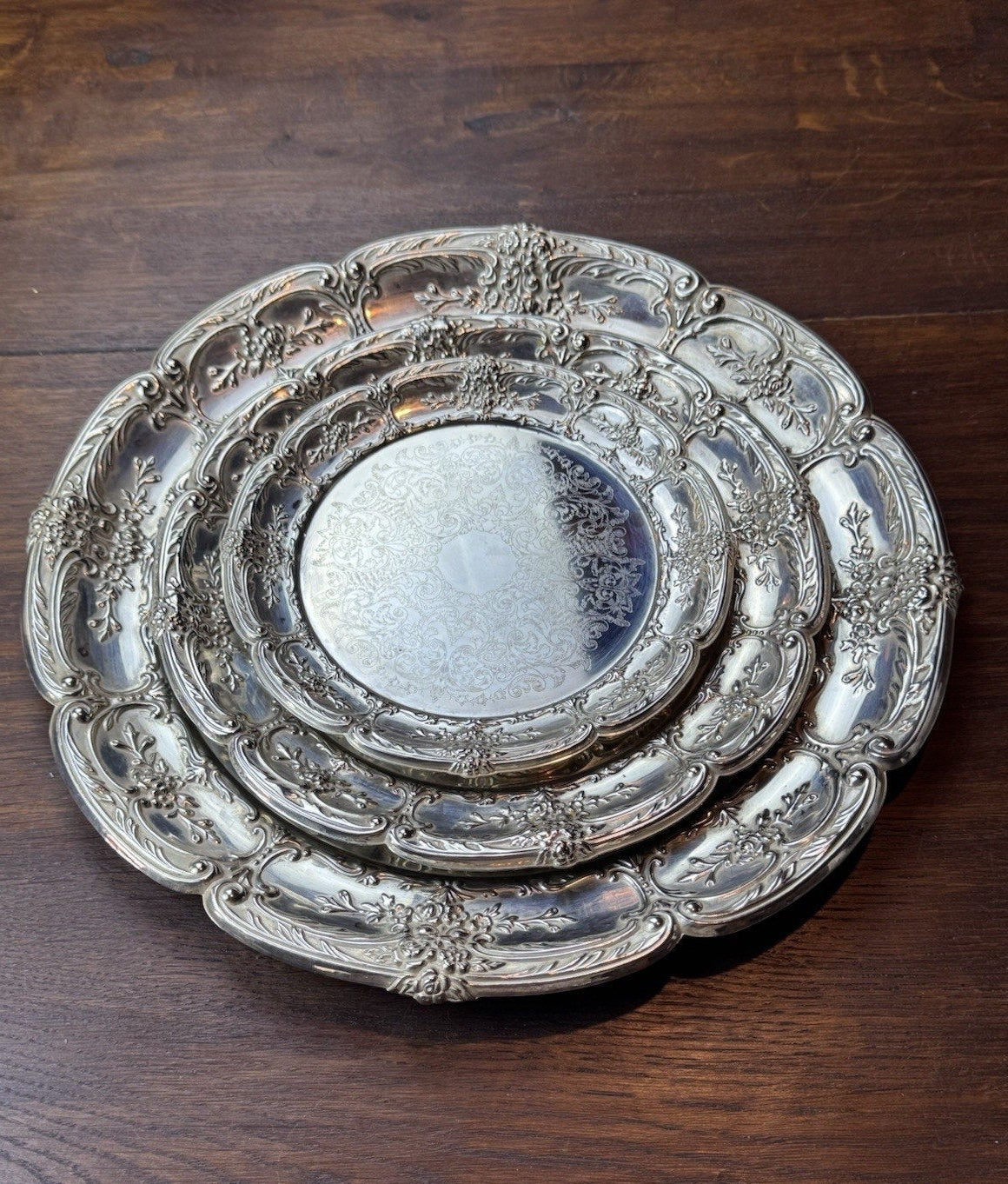 Silverplate Trays Set of 3 Leonard Repoussé Floral 14.5” 10.5” 8” VINTAGE
