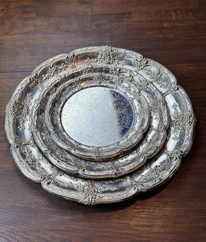 Silverplate Trays Set of 3 Leonard Repoussé Floral 14.5” 10.5” 8” VINTAGE