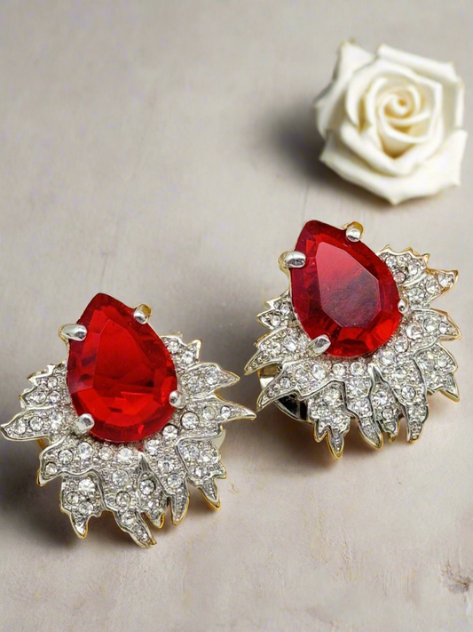 Signed Vintage SCAASI Red & Clear Rhinestone Clip On Earrings Silver Tone