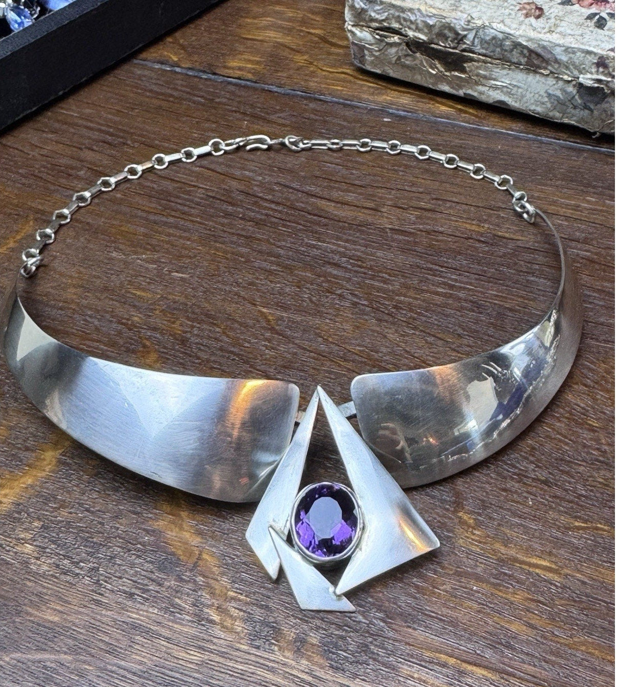 Vintage SUNRISE Necklace Sterling Southwestern Purple Stone Collar 16.5”