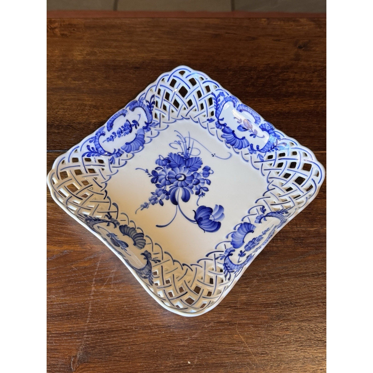 Royal Copenhagen Porcelain Reticulated Blue White Square Bowl 9.25” VINTAGE