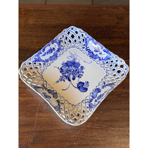 Royal Copenhagen Porcelain Reticulated Blue White Square Bowl 9.25” VINTAGE