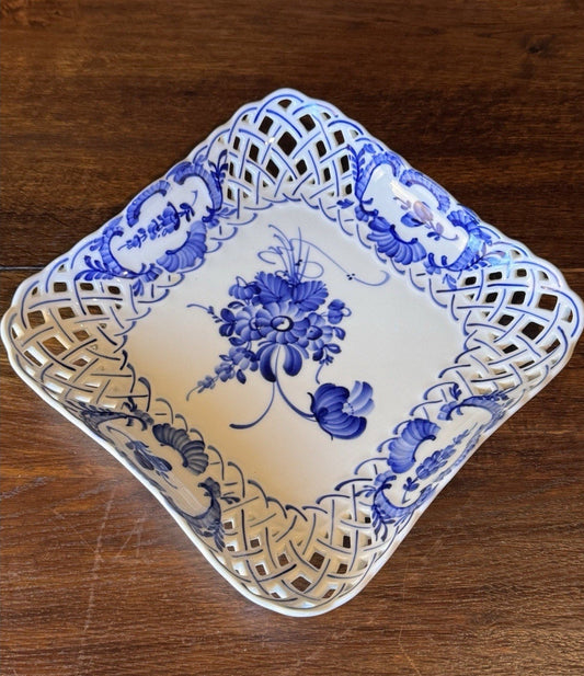 Royal Copenhagen Porcelain Reticulated Blue White Square Bowl 9.25” VINTAGE