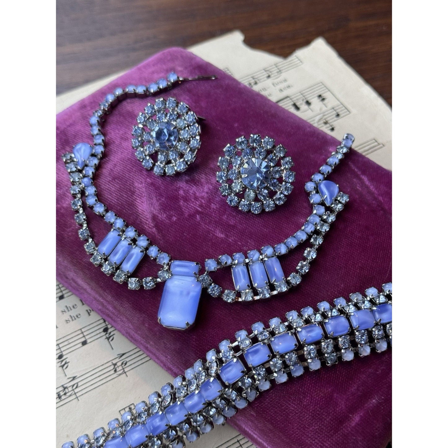 Joseph WARNER Jewelry Set Blue Rhinestone Lucite Necklace Bracelet Earrings