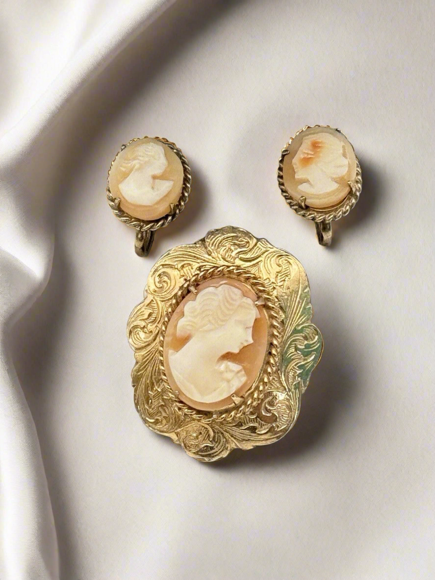 Vintage Cameo Jewelry Set Carved Shell Earrings Brooch Victorian Style Goldtone