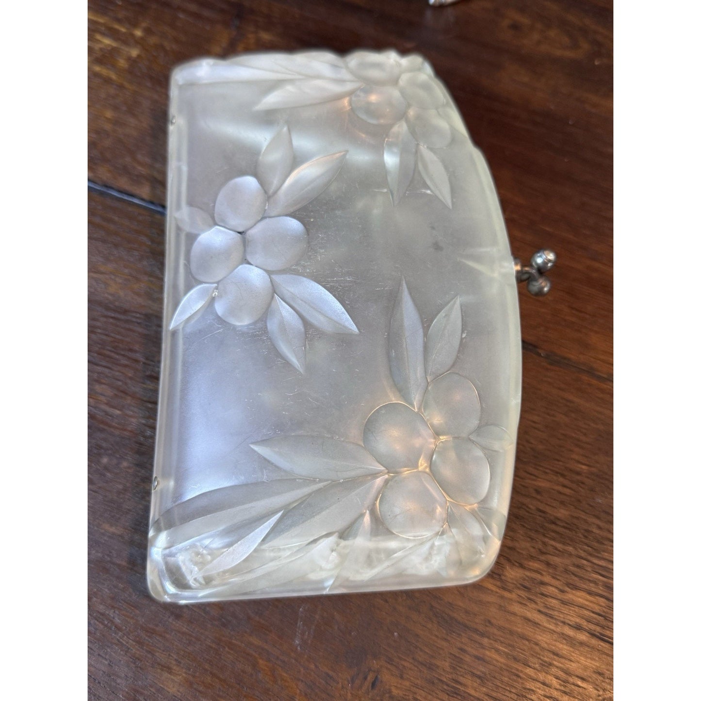 Vintage Lucite Rhinestone Clutch Purse Frosted Floral Clear Evening Handbag