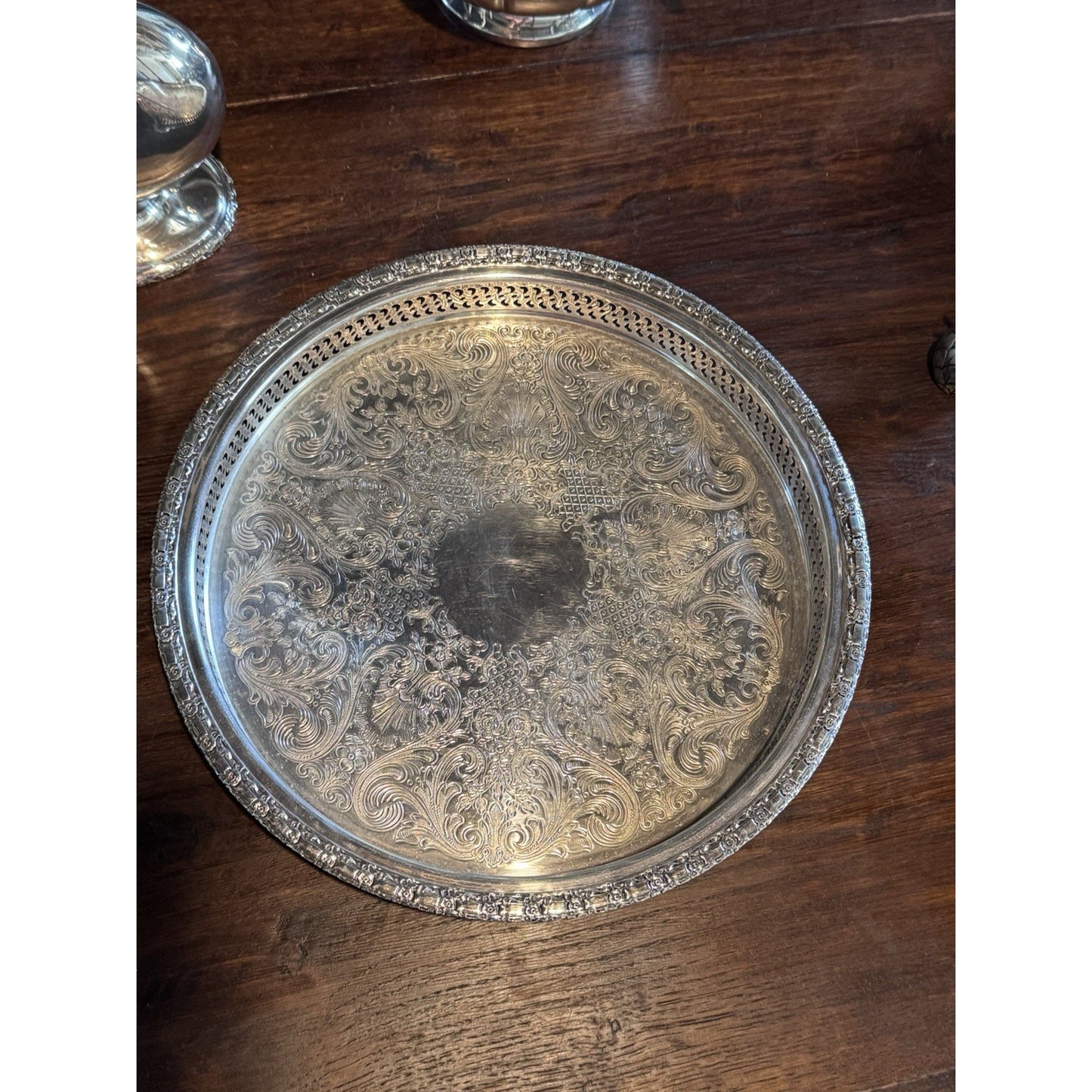 Silverplate Gallery Tray 12” Round Camelot Pattern IS Silver Ornate Serving Tray