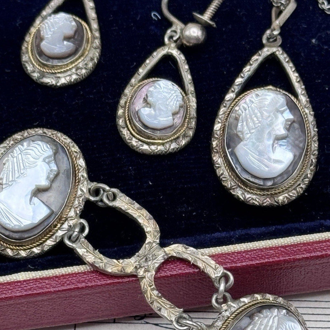 VINTAGE Cameo Parure 800 Silver Abalone MOP Bracelet Earrings Necklace