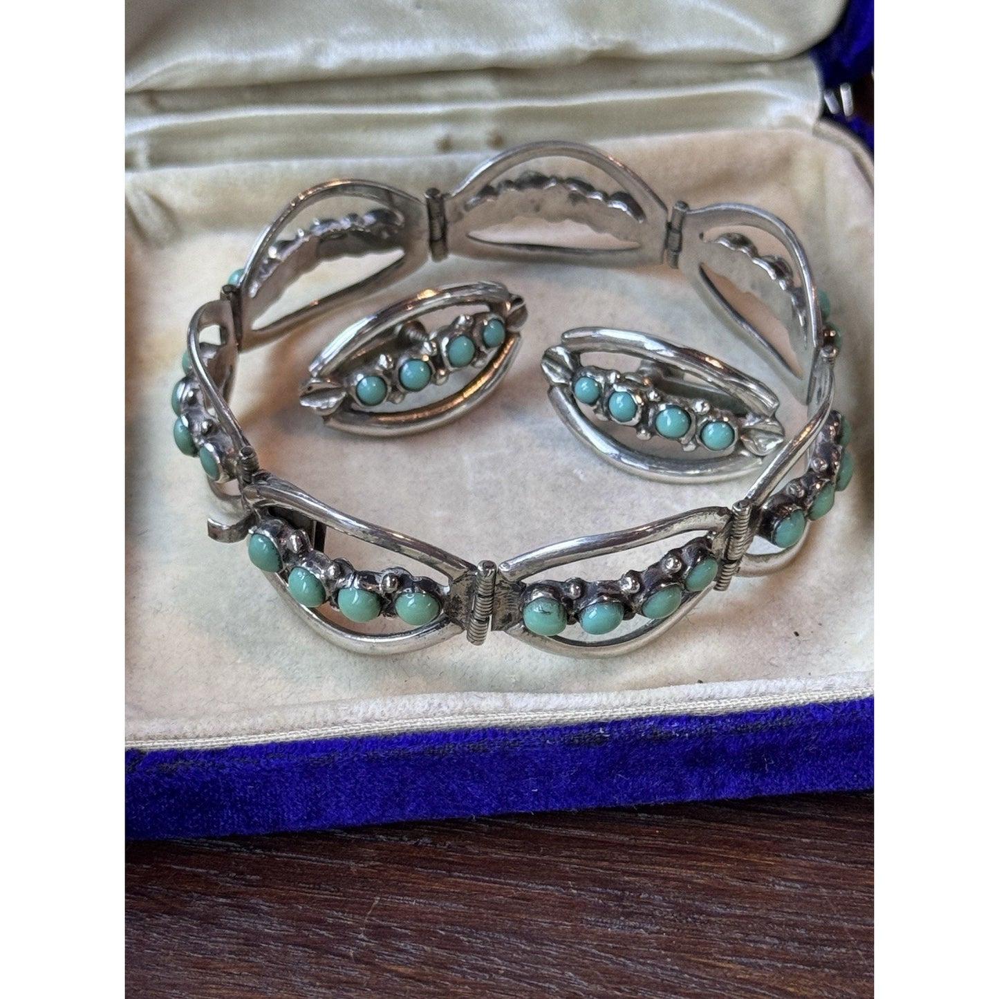 925 Bracelet Earrings Set Sterling Silver Green Cabochons Handmade ARTISAN
